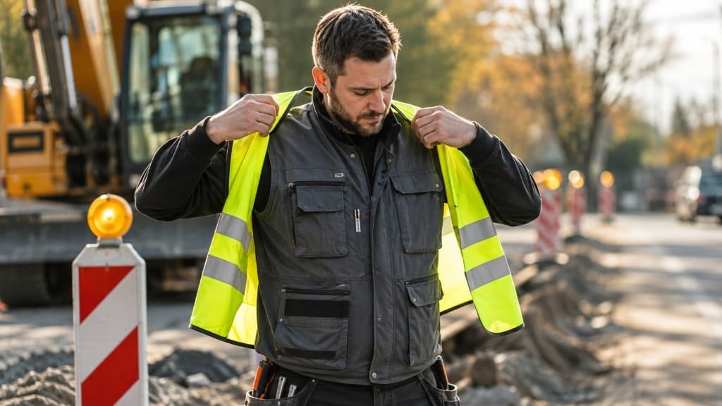 Fluoreszierende Warnweste neben dunkler Arbeitsweste mit Werkzeugtaschen