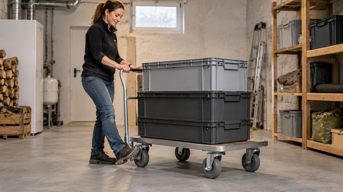 Person rollt beladenen Rollcontainer mit Stapelboxen über ebene Kellerfläche und stellt Bremse fest