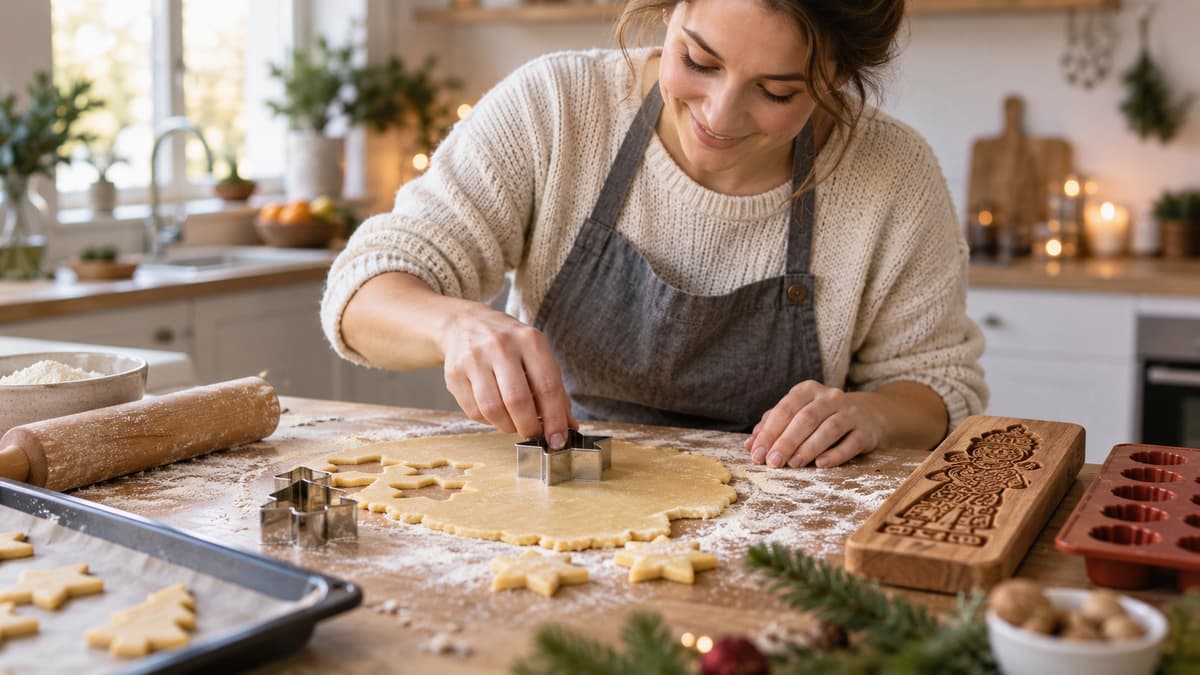 Person drückt einen Ausstecher in ausgerollten Plätzchenteig neben einem Holz-Spekulatiusmodel