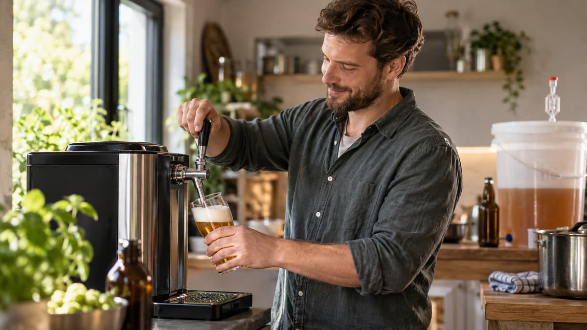 Kompakte Bierzapfanlage neben Gäreimer und Braukessel in einem Keller