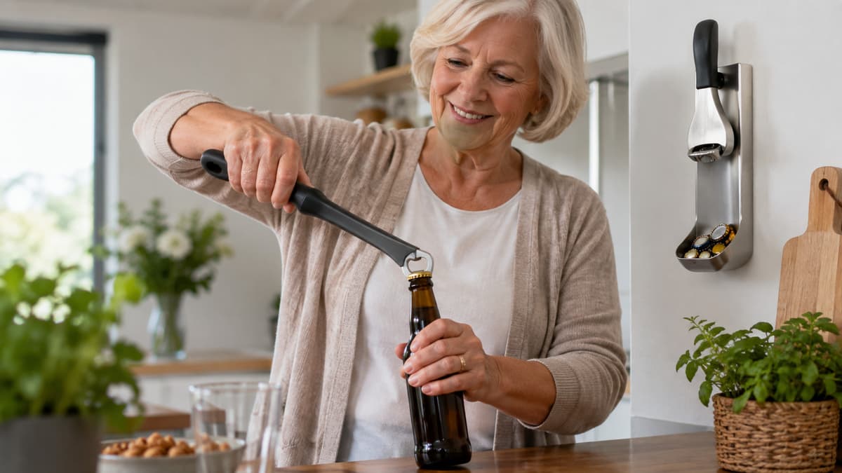 Person öffnet eine Flasche mit Hebelöffner, Bar-Butler im Hintergrund