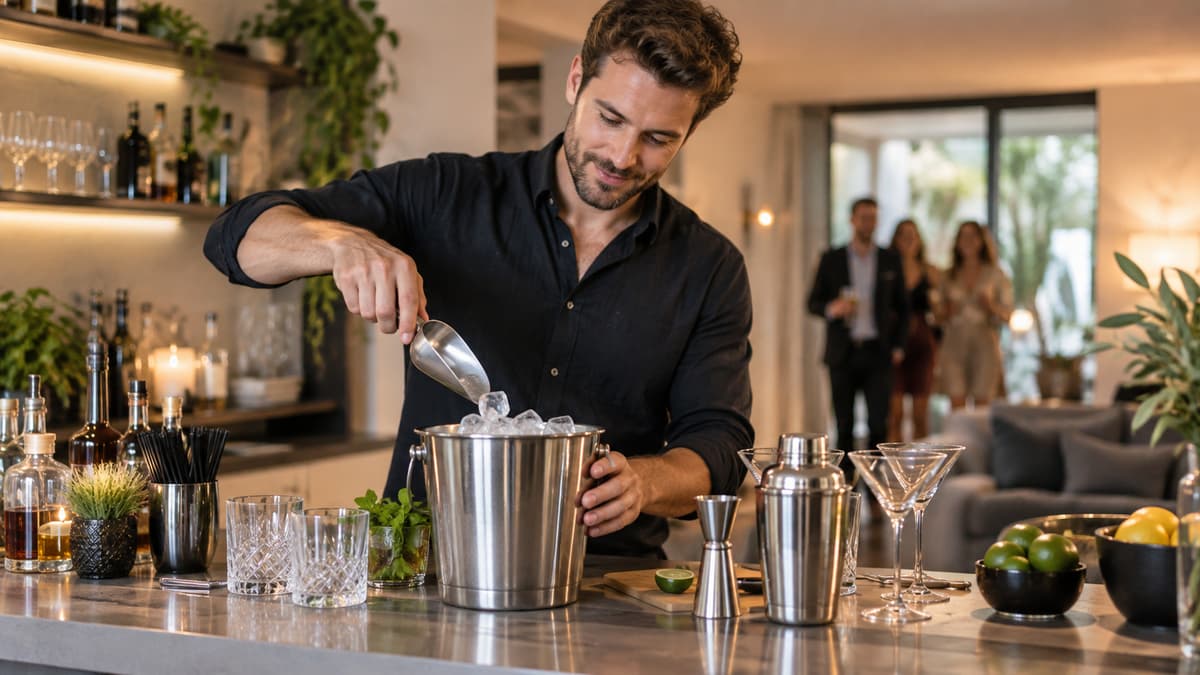 Gedeckte Hausbar mit Eiskübel, Gläsern und Shaker vor Gästeankunft