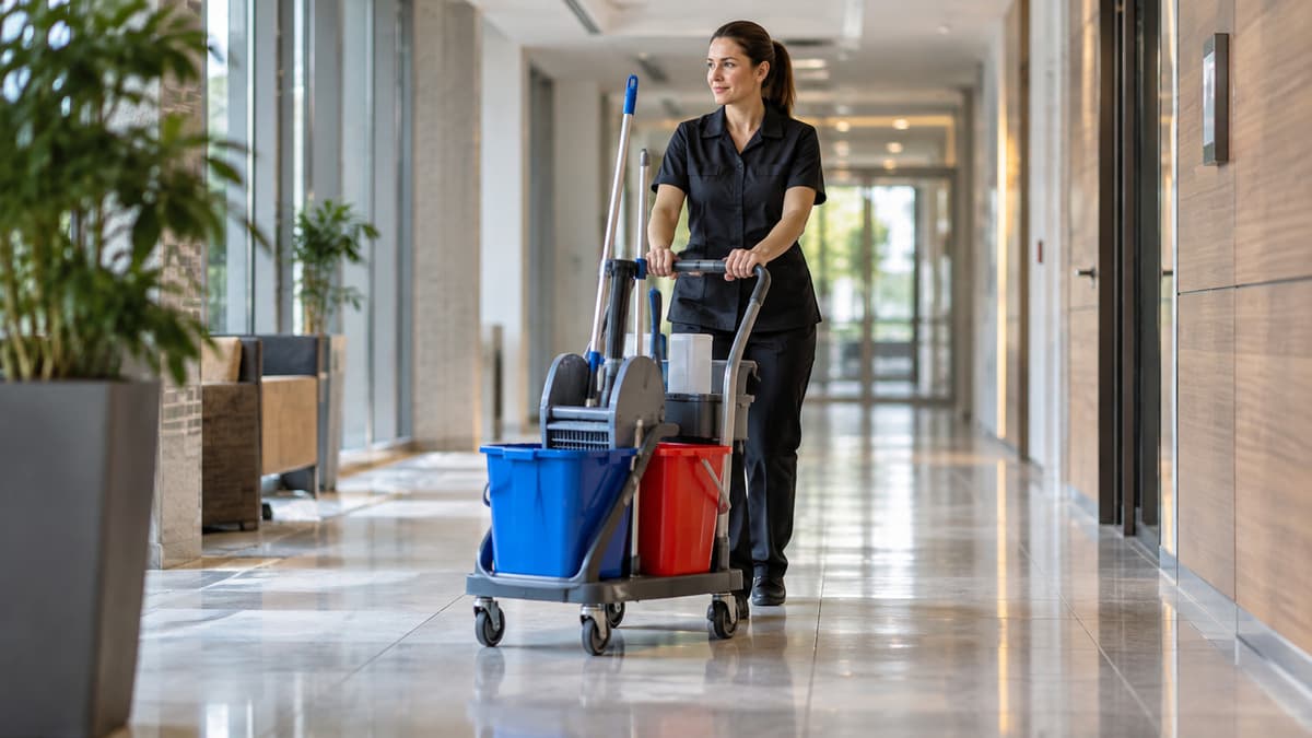 Person führt einen kompakten Reinigungswagen mit zwei Eimern über einen großen Fliesenflur