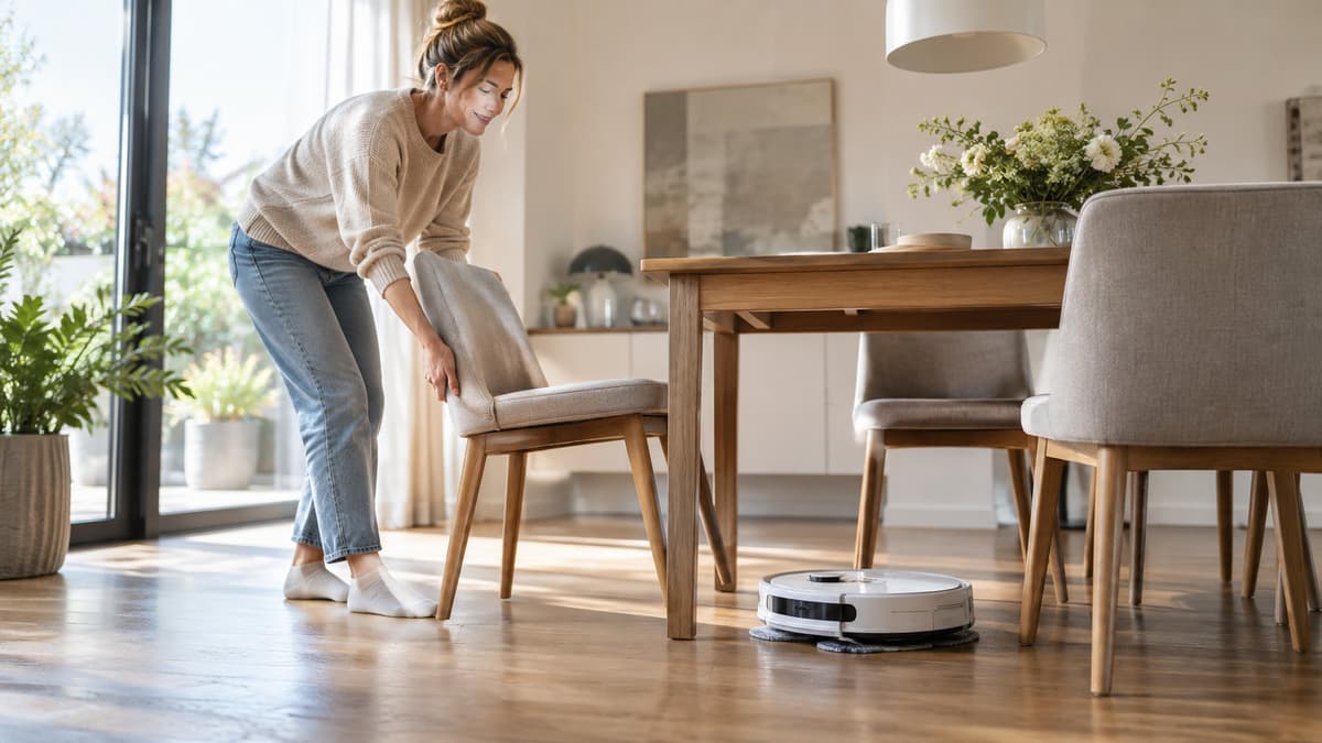 Person hebt einen Stuhl, während ein Wischroboter unter dem Tisch nebelfeucht wischt