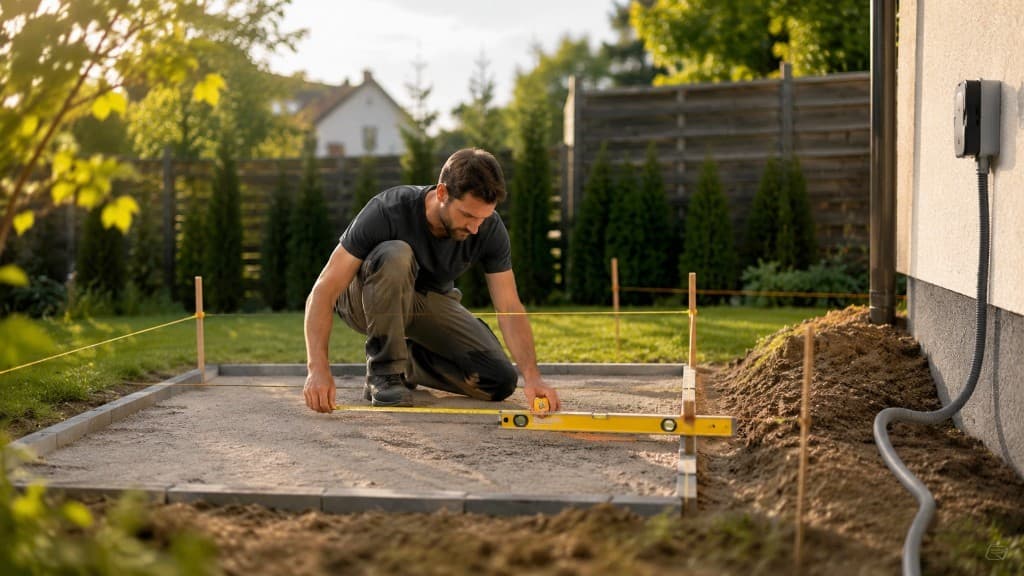 Gartensauna planen: Standort, Fundamentfläche und Stromweg im Garten mit Zollstock prüfen