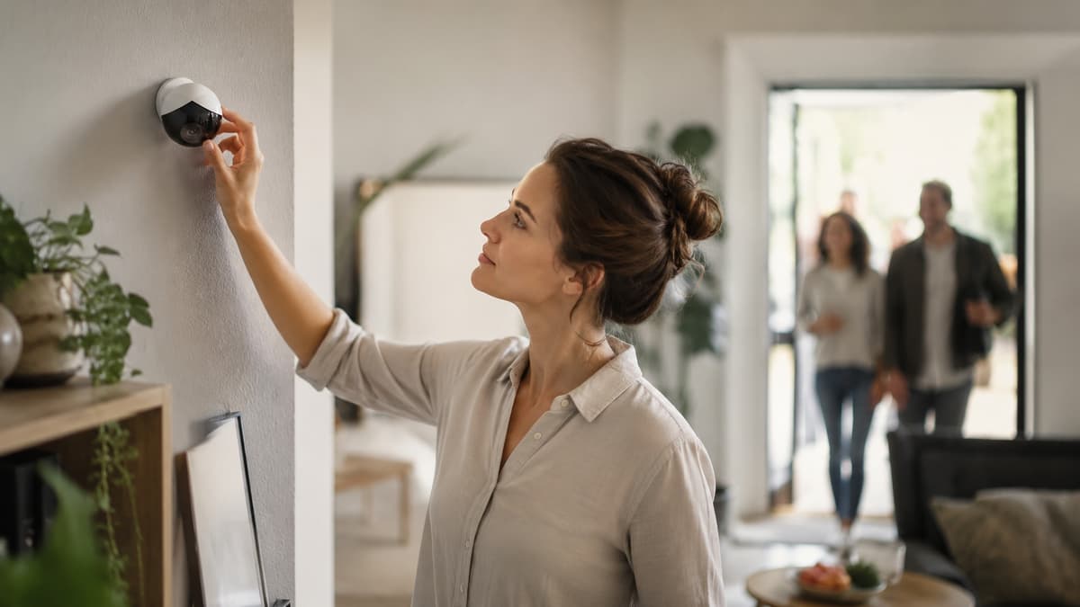 Innenkamera mit geschlossener Privacy-Klappe im Wohnzimmer – sichtbar aus für Gäste