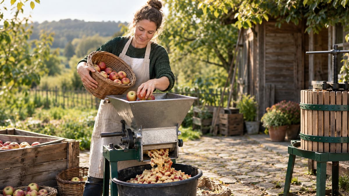 Person füllt Äpfel in eine Obstmühle, darunter steht ein Bottich mit frischer Maische für die Presse