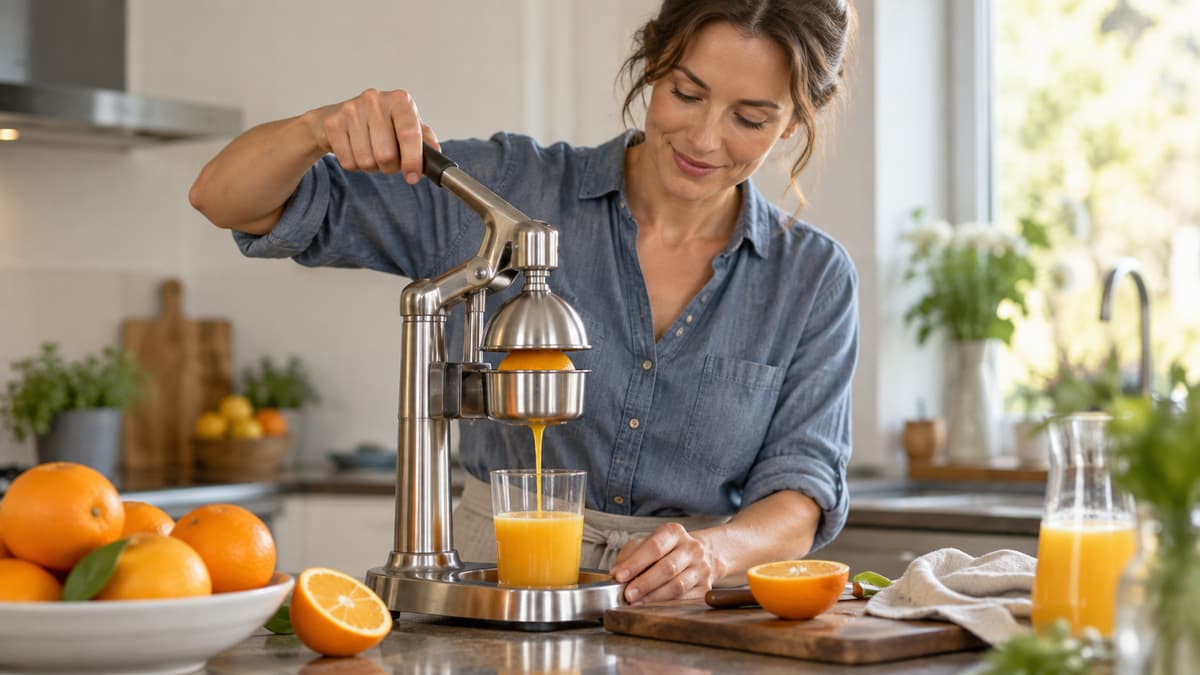 Person presst eine halbierte Orange mit einer Hebel-Zitruspresse aus Edelstahl, Saft fließt in ein Glas
