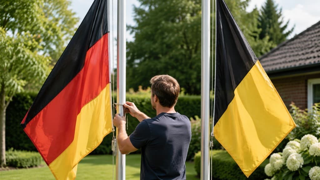 Vereinsfahne und Deutschlandflagge am Gartenmast