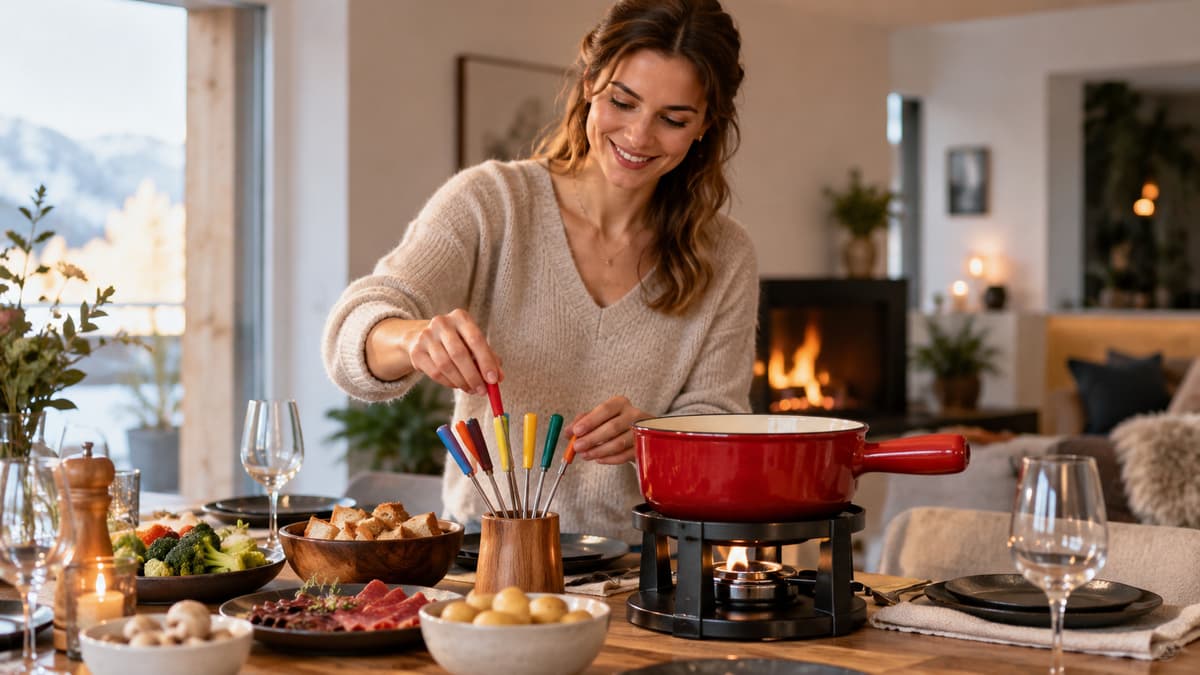Person sortiert farbcodierte Fonduegabeln neben dem Fondue-Topf