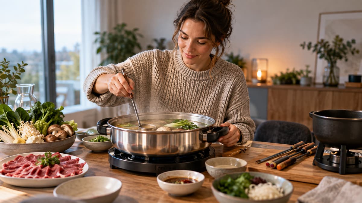 Person richtet Brühe-Hot-Pot am Tisch neben Fondue-Gabeln