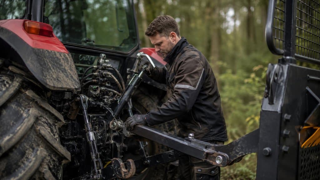 Traktor mit hydraulischem Oberlenker und Forstanbaugerät am Waldrand