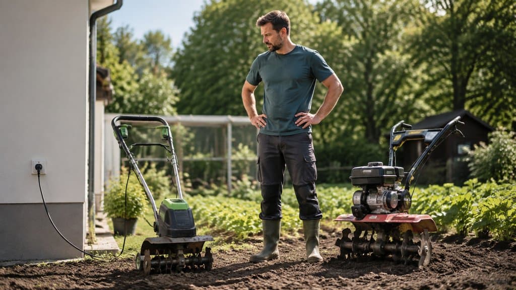 Benzin- und Elektro-Gartenfräse im Beet – Antriebswahl für die Bodenbearbeitung