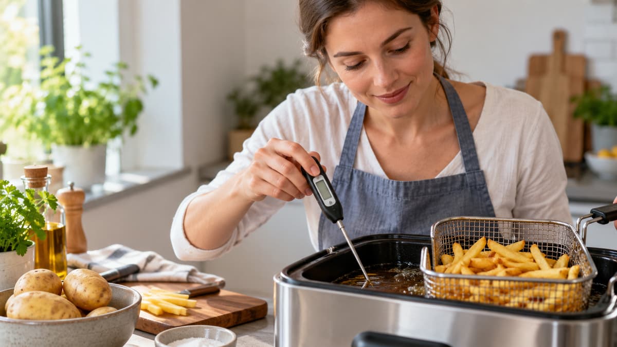 Goldgelbe Pommes aus der Fritteuse neben einem Fettthermometer bei moderater Temperatur