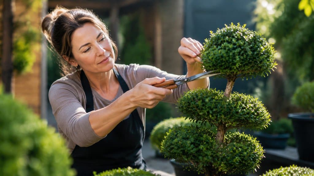 Formschnitt an Buchsbaumkugel mit Handschere im Garten