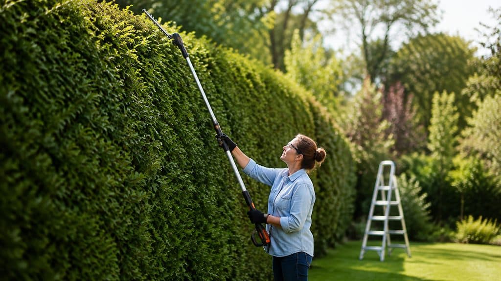 Teleskop-Heckenschere schneidet hohe Hecke vom sicheren Bodenstand