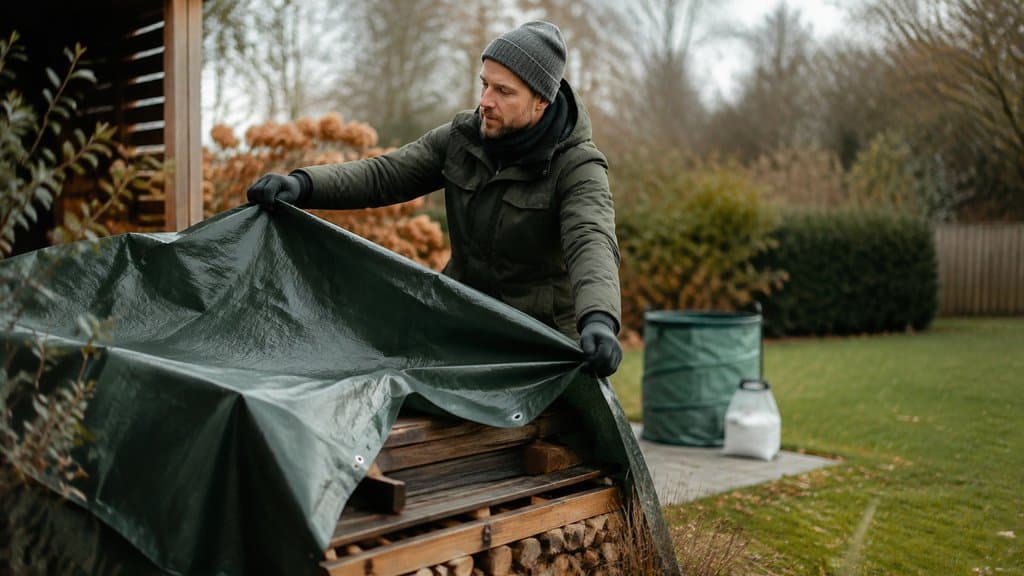 Gartenmöbel und Holzpolter unter Abdeckplane, freigeräumte Wege vor dem ersten Frost