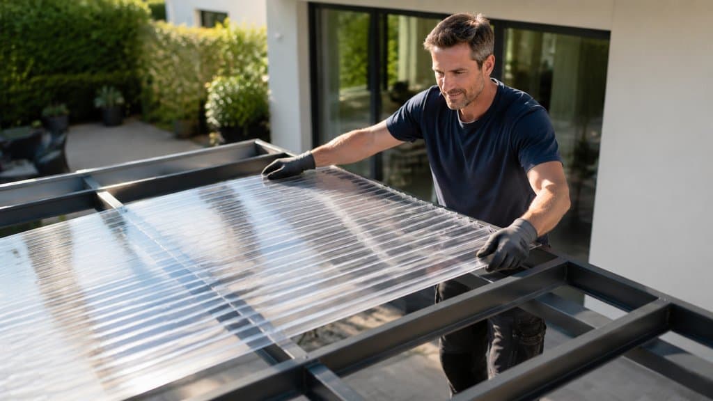 Lichtdurchlässige Polycarbonat-Überdachung über einer Gartenterrasse bei klarem Himmel