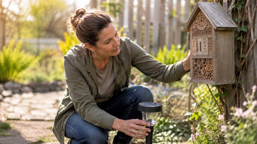 Gärtner prüft im Frühling ein Insektenhotel und eine Solar-Leuchte im Garten