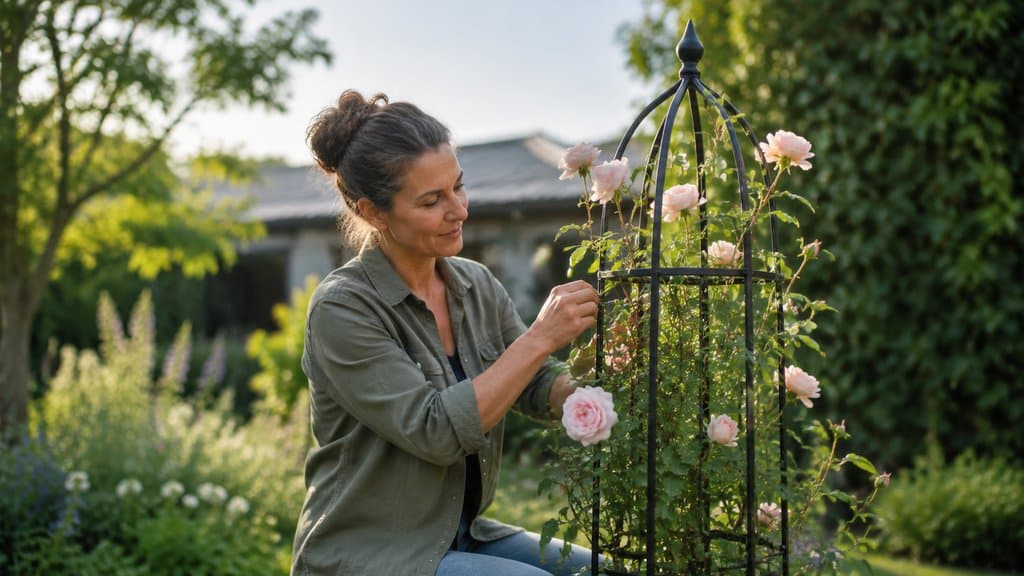 Rosenobelisk mit blühender Kletterrose in strukturiertem Gartenbeet