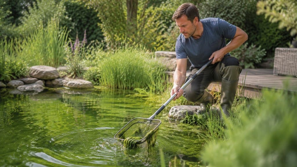 Person entfernt mit Kescher Fadenalgen aus einem grün trüben Gartenteich