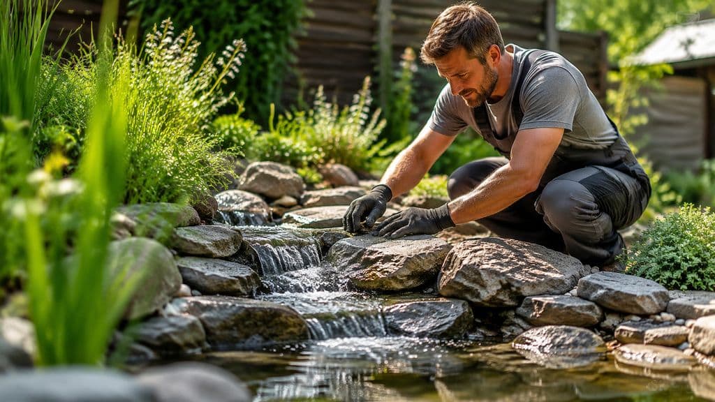 Person richtet am Gartenteich einen kleinen Bachlauf aus Naturstein-Optik, Wasser fließt sanft über Mulden