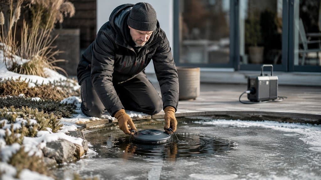 Person setzt Eisfreihalter in teilweise zugefrorenen Gartenteich, eingelagerte Teichpumpe im Hintergrund