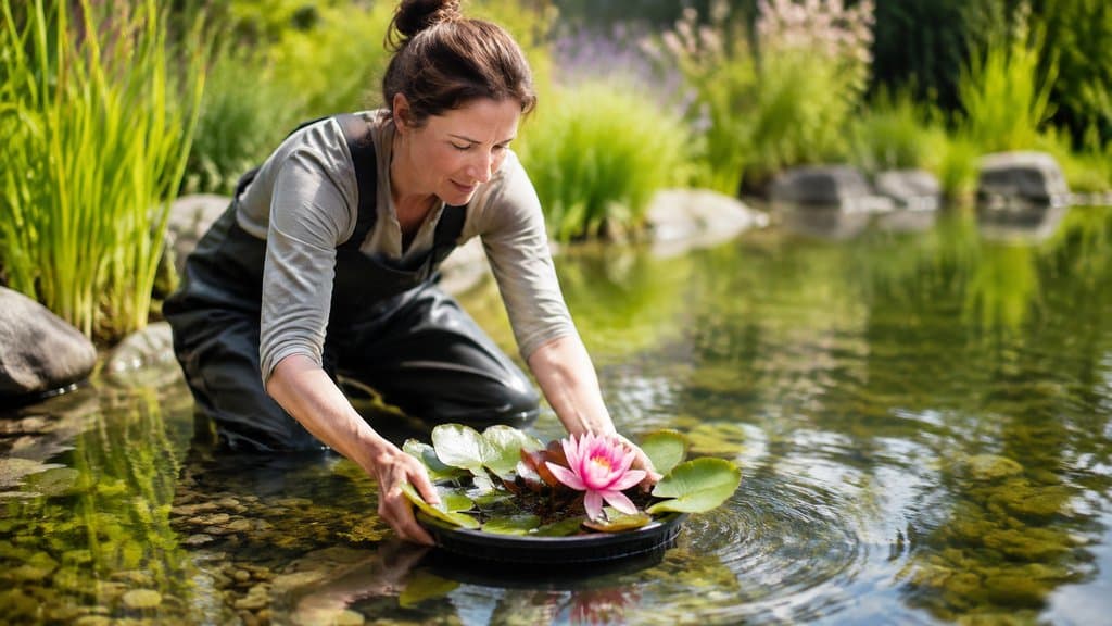 Person setzt eine Seerose im Pflanzkorb vorsichtig in einen klaren Gartenteich