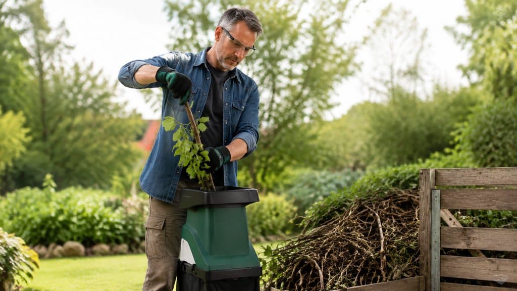 Gärtner füllt Äste in einen Gartenhäcksler neben Komposthaufen