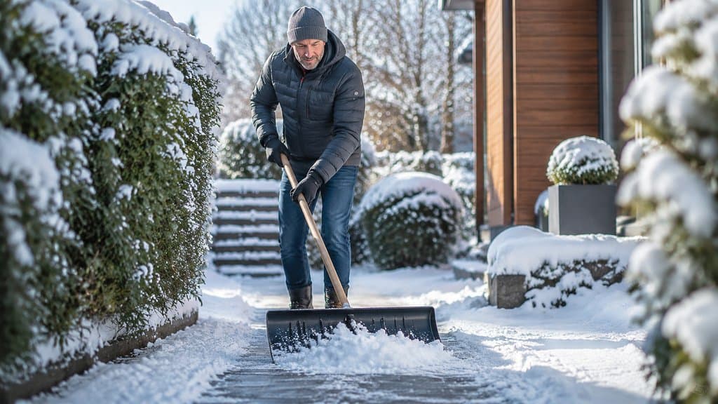Person schiebt Schnee mit breitem Schneeschieber vom Gartenweg
