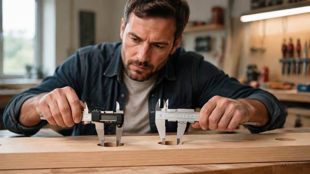 Digitaler und analoger Messschieber nebeneinander auf einer Werkbank mit Holzwerkstück
