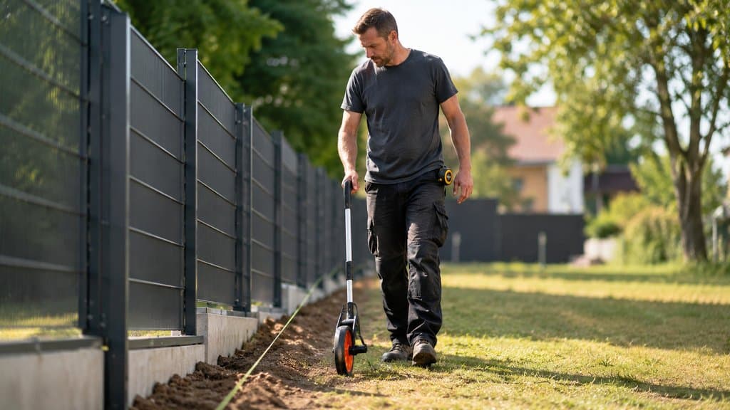 Person rollt ein Messrad entlang einer markierten Zaunlinie im Garten, Rollbandmaß am Gürtel sichtbar