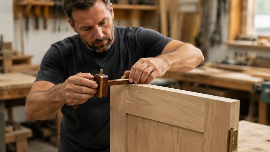 Heimwerker zieht mit einem Streichmaß eine parallele Scharnier-Linie entlang einer Holztürkante