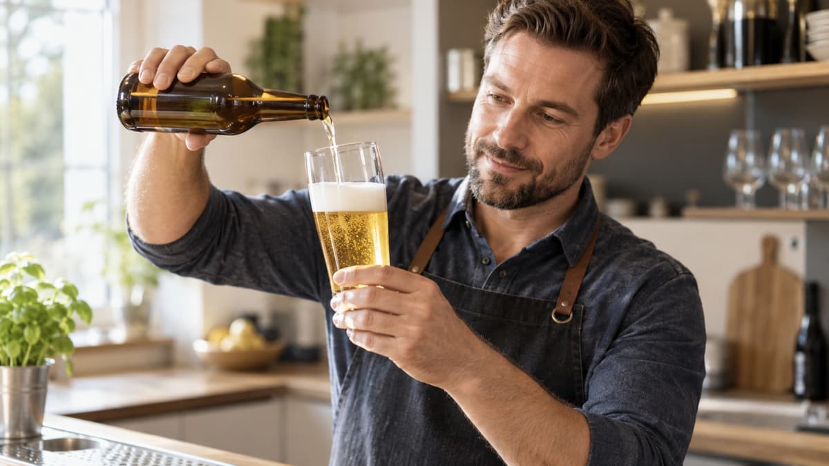Person prüft den Füllstrich an einem klaren Bierglas und schenkt bis zur Markierung ein