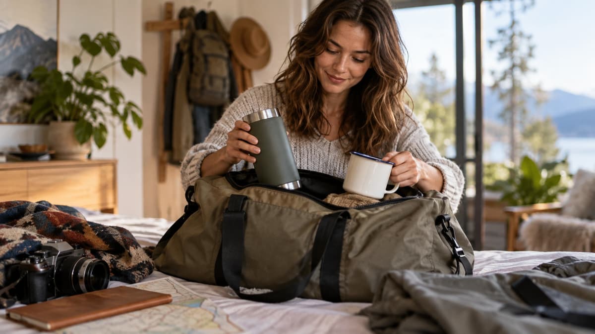 Person packt Thermobecher und Emaille-Tasse in eine Reisetasche für unterwegs