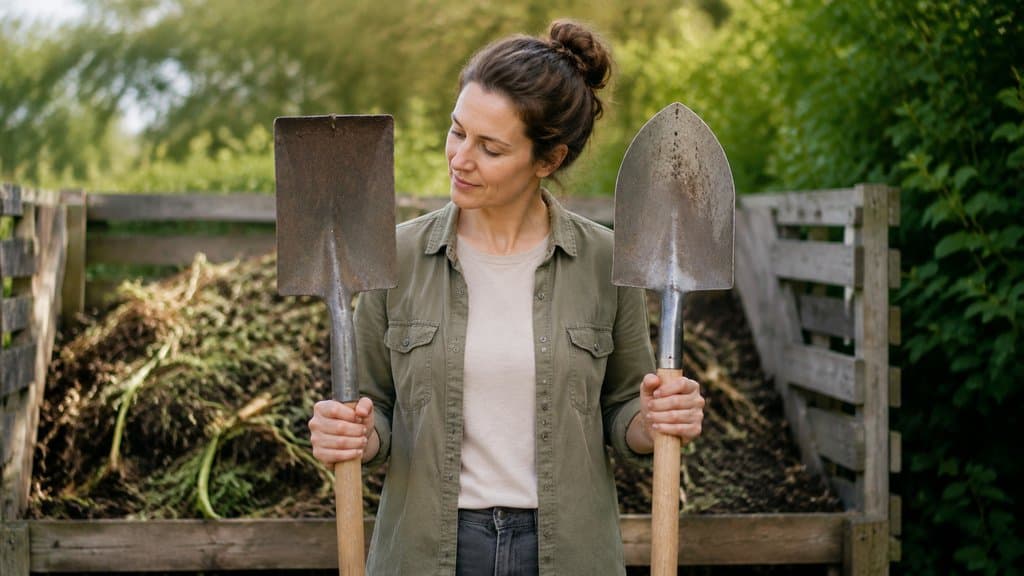 Person vergleicht eine Frankfurter und eine Holsteiner Gartenschaufel nebeneinander vor einem Komposthaufen