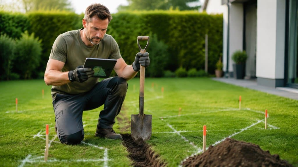 Markierte Grabtrasse im Garten mit Leitungsplan und Drainagespaten an der Seite