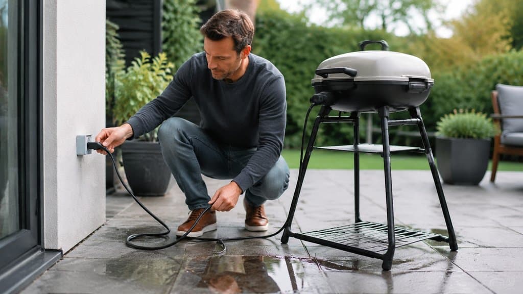 Elektro-Standgrill mit Deckel auf einem Balkon an einer Außensteckdose