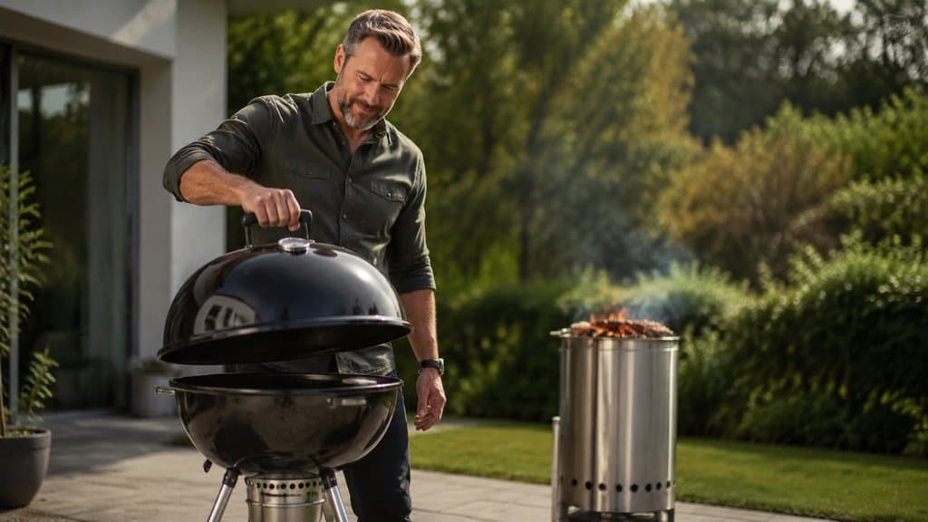 Klassischer 57-Zentimeter-Kugelgrill neben einem offenen Säulengrill im Garten