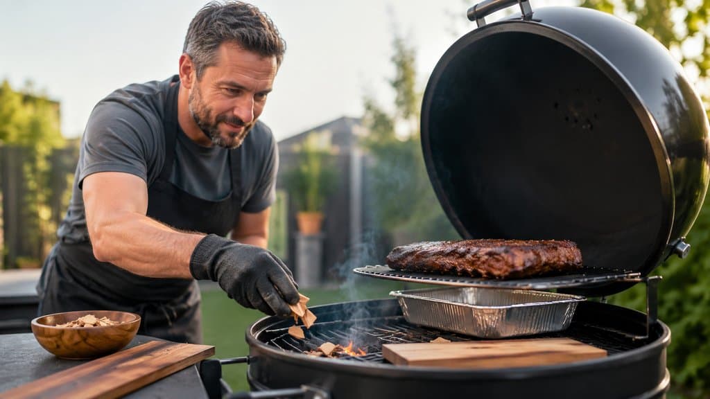 Person legt Räucherchips in eine Schale neben dem Grill, Aluschale fängt Tropfen, Räucherbrett liegt bereit