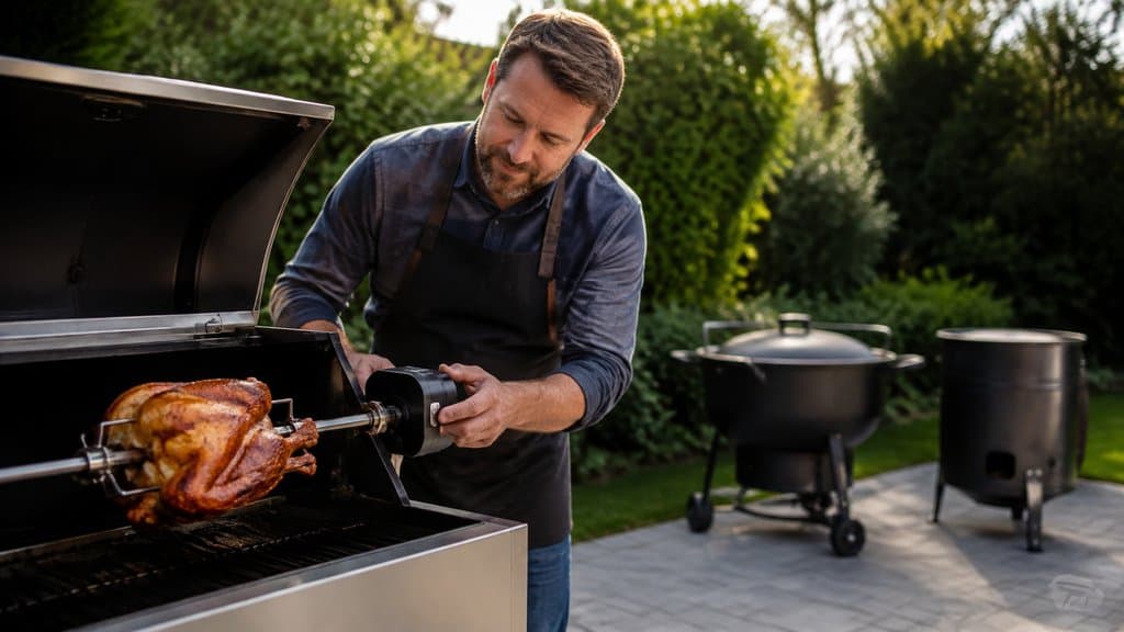 Person prüft den Grillmotor an einem Drehspieß, im Garten stehen Gulaschkanone und Feuertonne
