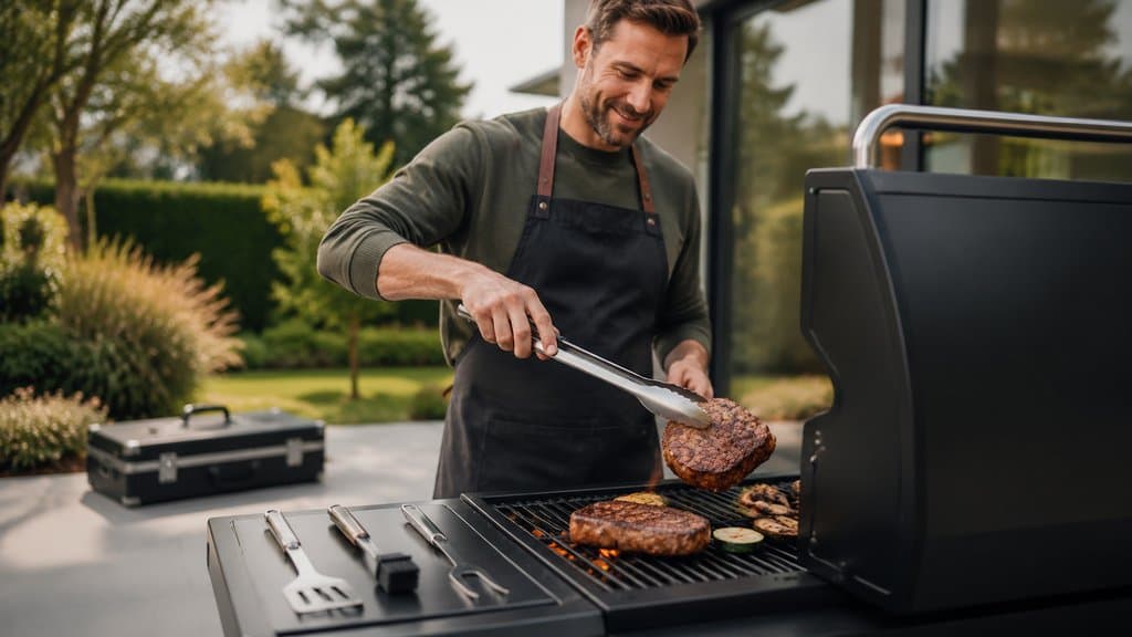 Person wendet ein Steak mit einer langen Edelstahlzange, Wender und Pinsel liegen bereit
