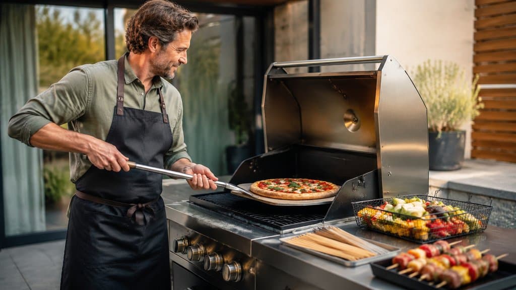 Pizzaaufsatz, Grillmatte, Korb und Spieße
