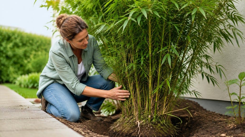 Person prüft den Horst einer Fargesia-Hecke ohne Folienring