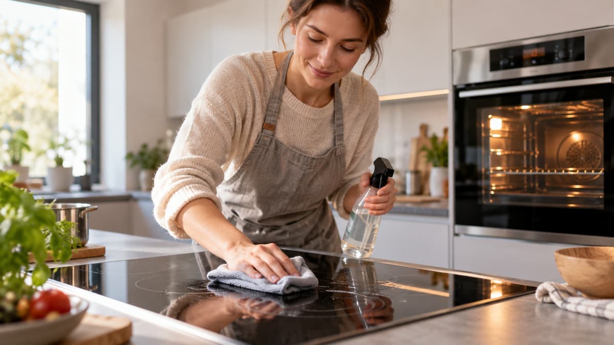 Person wischt nach dem Kochen die Glaskeramik eines Amica-Herds mit Mikrofasertuch und Reiniger