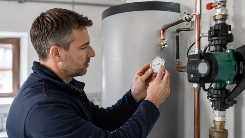 Person prüft im Technikraum mit Thermometer die Warmwassertemperatur am Speicher neben einer Trinkwasser-Zirkulationspumpe