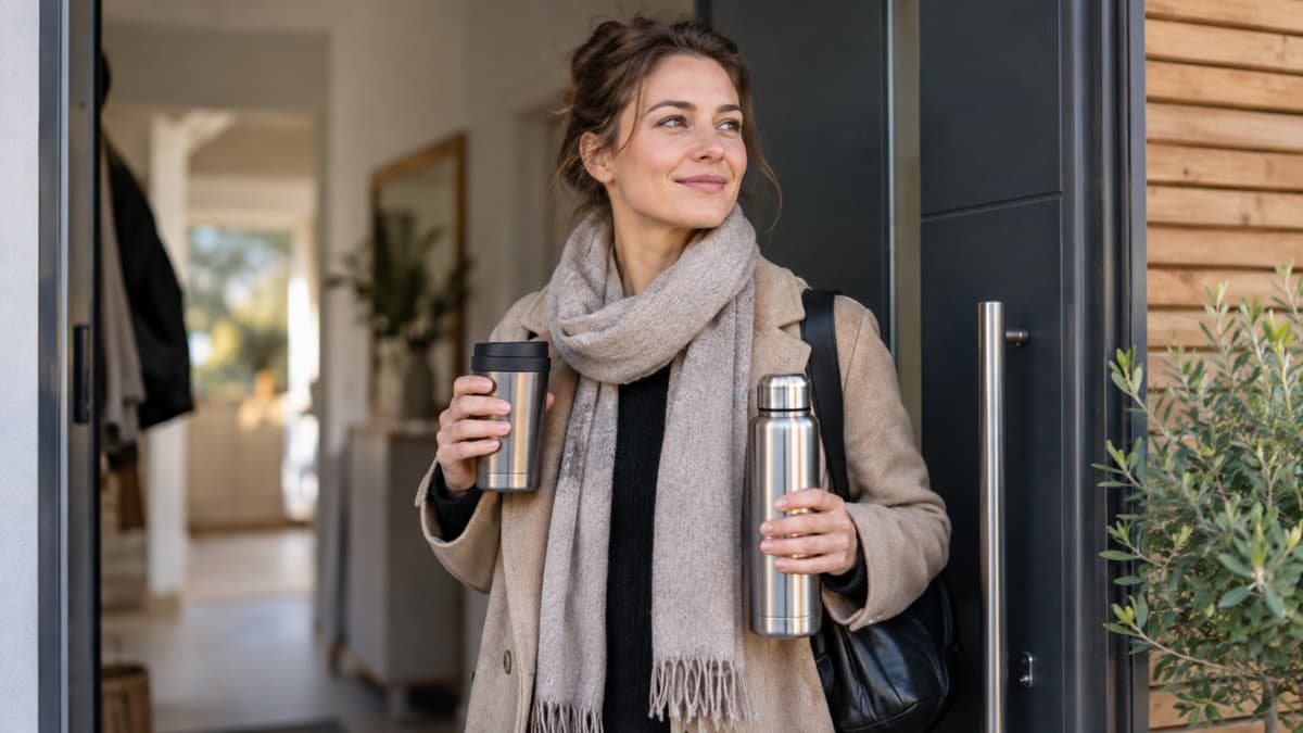 Person an der Haustür mit Thermobecher in der einen und Isolierflasche in der anderen Hand