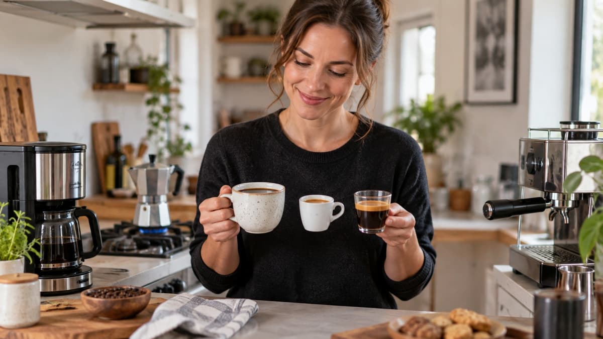 Filterkaffee, Mokka-Kännchen und Espressotasse nebeneinander – Brühmethoden im Vergleich