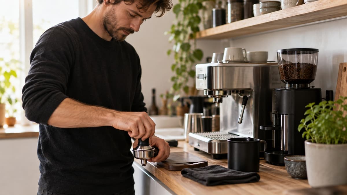 Person tampt Espresso in einer kompakten Siebträgermaschine auf der Küchenzeile – Einstieg zuhause