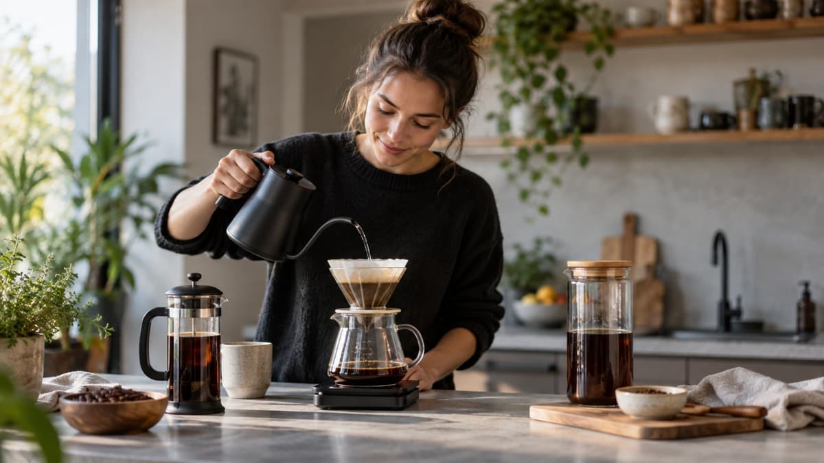 French Press, Pour-over Dripper und Cold-Brew-Flasche nebeneinander auf der Theke